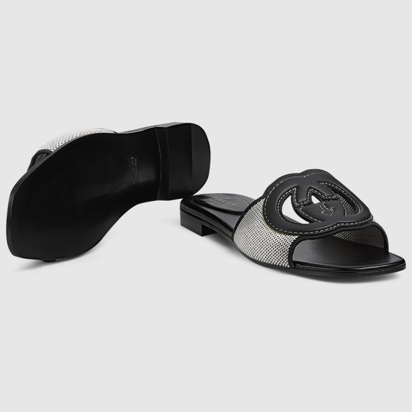 Gucci GG Interlocking Logo Black Leather Canvas Mule Flat Slide Slip Sandal 42